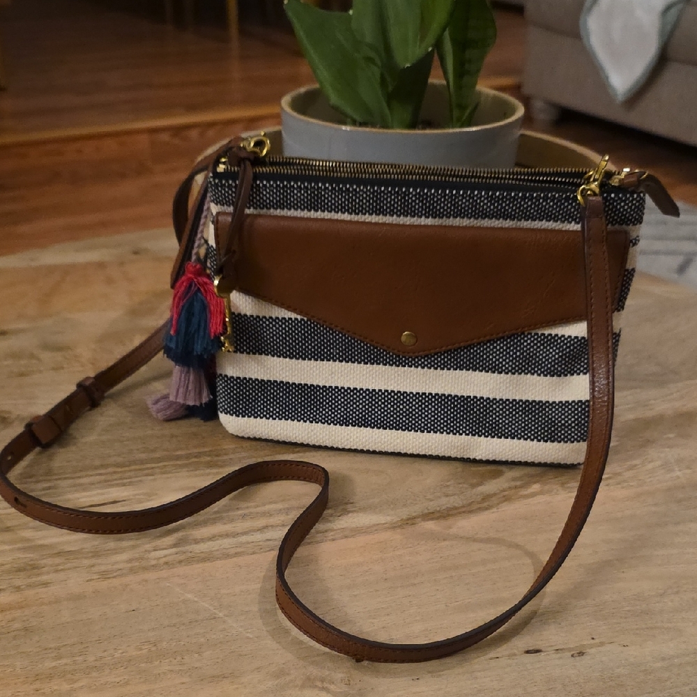 Fossil Navy and White Striped Crossbody Bag with Brown Leather Accents